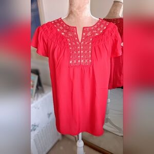 Max Studio-Red Crochet Oversized Red Flutter Sleeve Top